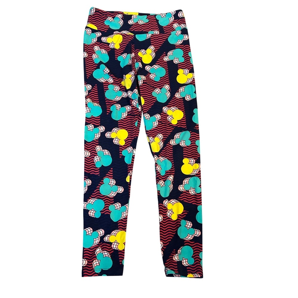 LuLaRoe Disney Mickey Mouse Leggings One Size Retro Wave AOP Teal Yellow Navy